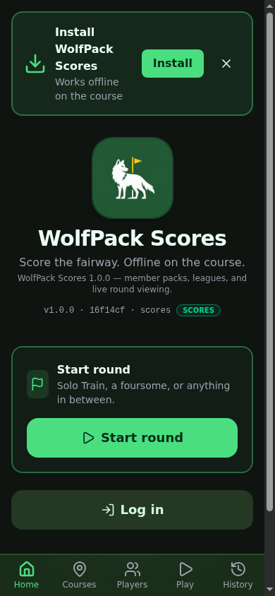Home with Install banner and Start round