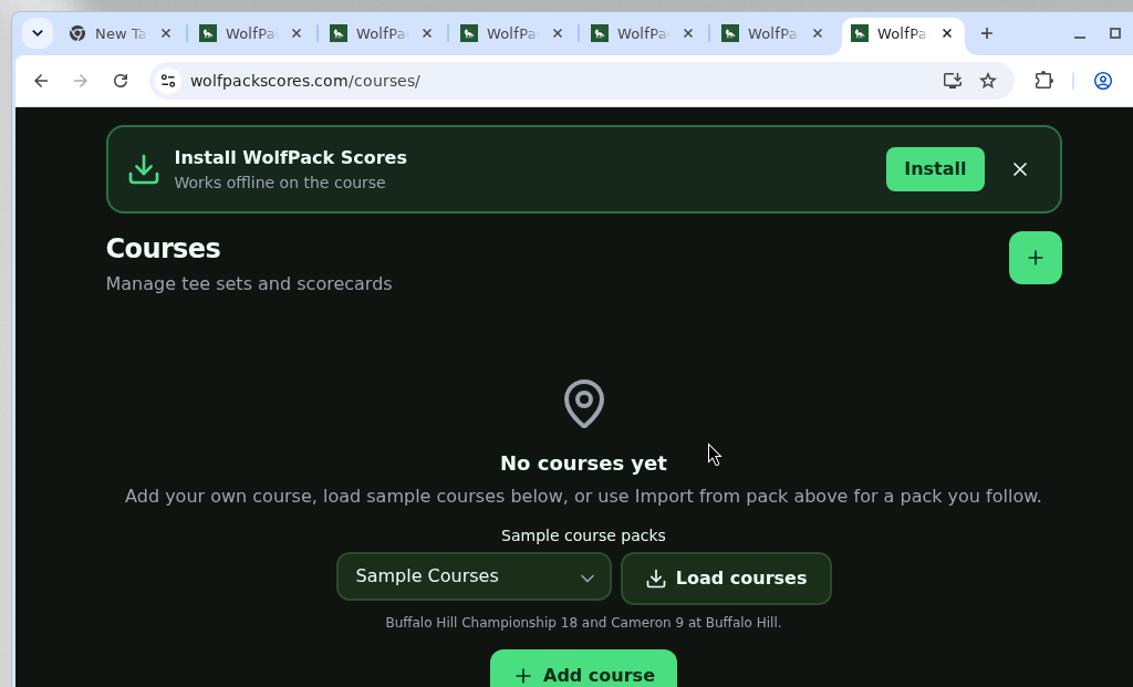 Empty Courses page with Sample course packs